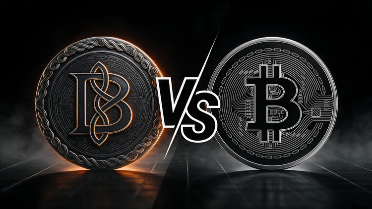 Bitcoin Knots vs Bitcoin Core: a Celtic knotwork medallion with an interlaced B monogram on the left, a circuit-etched Bitcoin medallion on the right, split by a diagonal VS.