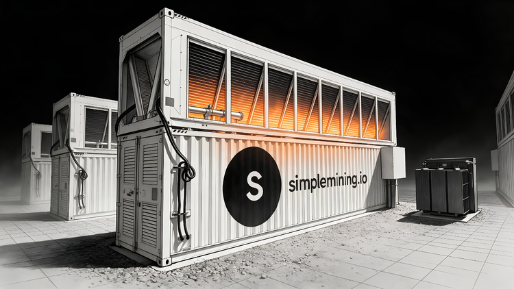 Illustration of a Simple Mining hydro Bitcoin mining container, roof-mounted dry cooler glowing orange, pad-mounted transformer alongside, more containers receding on gravel.
