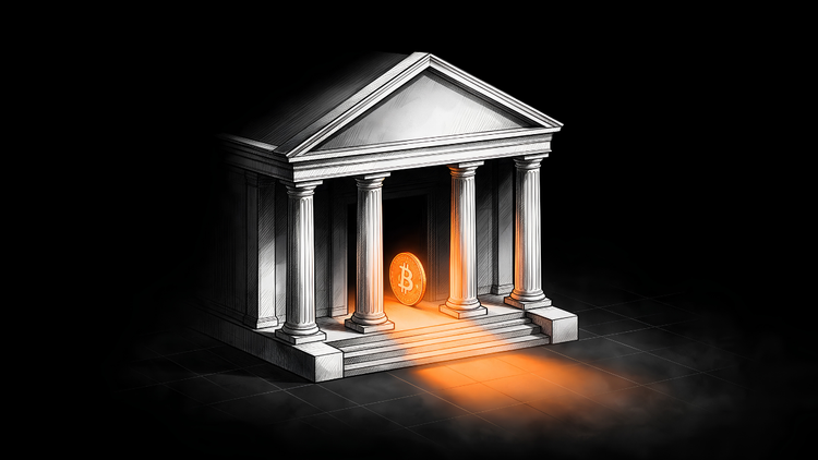 A glowing Bitcoin coin sits inside the entrance of a columned bank building, illustrating how Bitcoin in a Roth IRA is held by a qualified custodian rather than by you.