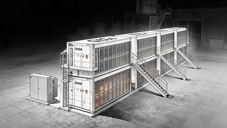 Line-art illustration of stacked GIGA air-cooled mining containers at a Simple Mining Iowa site, with external stairs and catwalks and a faint warm glow through the louvered intake panels.