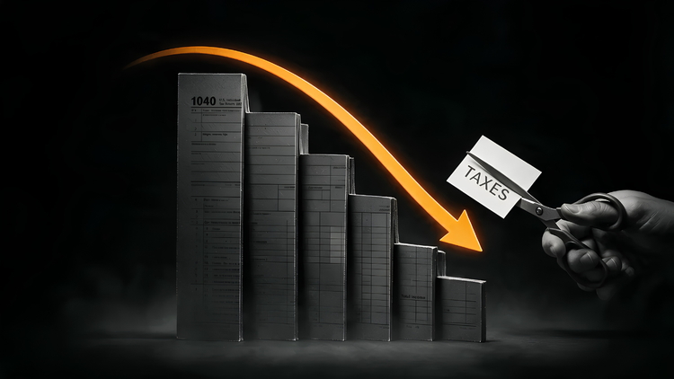 Descending bar chart built from 1040 tax forms with an orange arrow curving down and scissors cutting a card labeled TAXES, illustrating strategies that reduce taxable income.