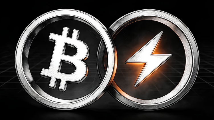 Two overlapping metal discs on black, one embossed with the Bitcoin symbol and one with a glowing orange lightning bolt, representing the Lightning Network as Bitcoin's Layer 2.