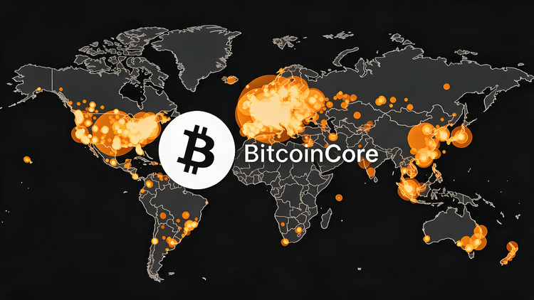 World map showing Bitcoin node density in orange, heaviest across Europe, the US coasts and East Asia, with the Bitcoin Core logo centered over the Atlantic.