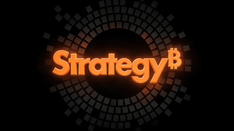 The Strategy wordmark, formerly MicroStrategy, with an appended Bitcoin symbol glowing orange on black inside concentric rings of dissolving squares.