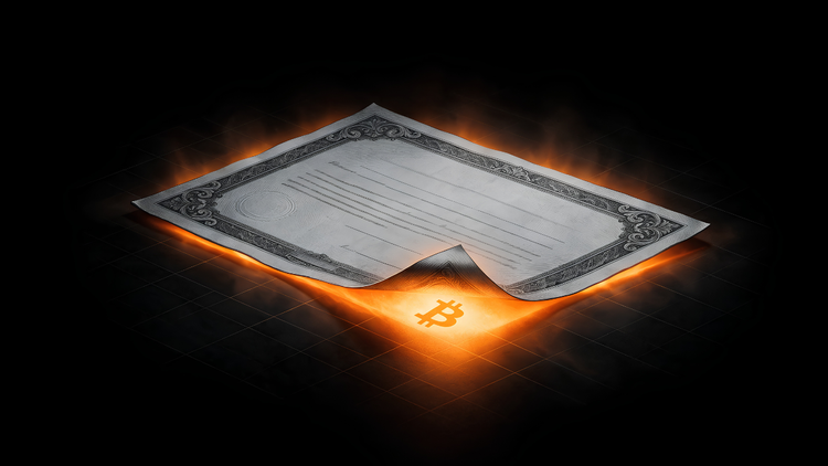 Illustration of an engraved gray stock certificate lying flat with intense orange Bitcoin light blazing out from beneath its edges and a Bitcoin symbol glowing under its lifted corner