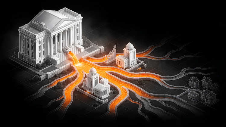Isometric illustration of a central bank pouring glowing orange money into channels that flood nearby banks and a rising stock chart, while channels reaching distant homes run nearly dry.