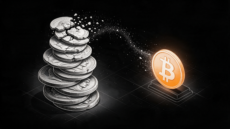 Debasement trade illustration: a stack of silver coins cracks apart from the top, and the fragments stream across a dark grid into a single glowing orange Bitcoin coin on a plinth.