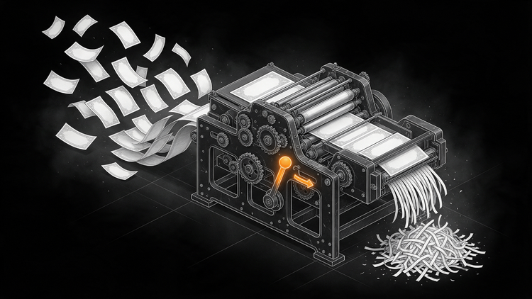 QE vs QT illustration: a money printing press fans blank banknotes into the air on one side and shreds them into a pile on the other, with a glowing orange lever setting its direction.