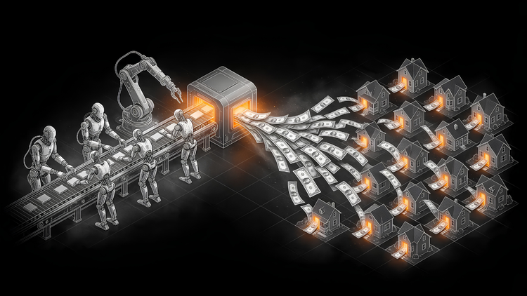 Robots on an assembly line feed a machine that sends streams of dollar bills to a grid of houses, illustrating AI output paid out as a universal basic income.