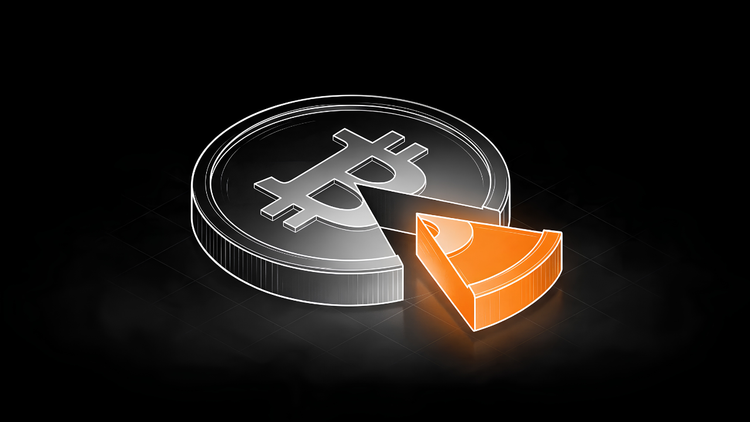 Isometric line-art Bitcoin coin on black with one orange wedge cut out and set aside, illustrating the share of a Bitcoin capital gain paid in federal tax.