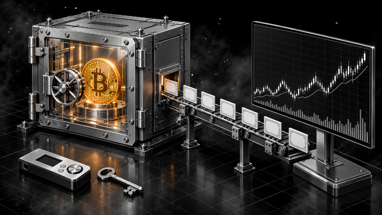 Steel vault with a glowing orange Bitcoin inside sends fund shares along a conveyor to a trading screen, with a hardware wallet and key in front: Bitcoin ETF vs owning.