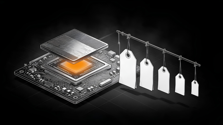 An AI processor chip with a glowing orange core sits beside a row of blank price tags that shrink from left to right, showing AI pushing prices down.