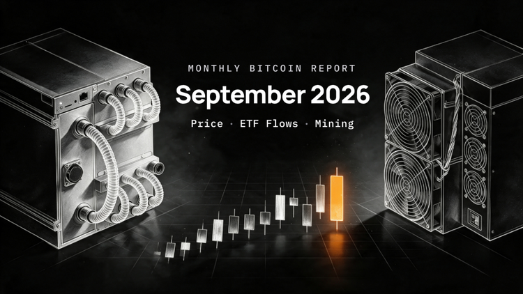 Monthly Bitcoin Report cover for September 2026: a hydro-cooled and an air-cooled Bitcoin miner in white line art flank a rising candlestick chart ending in one glowing orange candle.