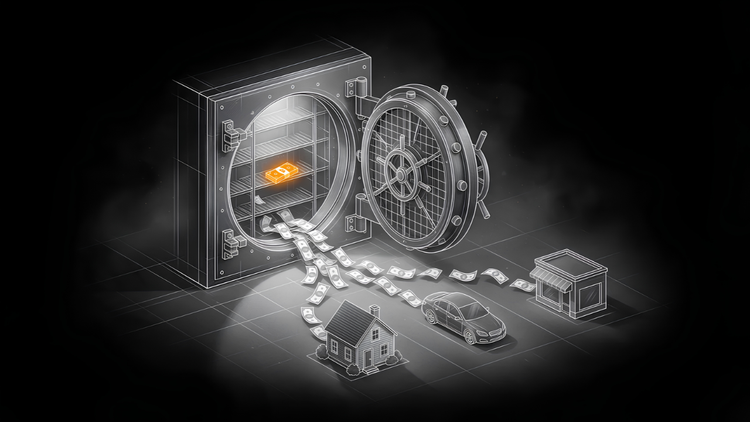 Isometric line art of a bank vault with nearly empty shelves and one glowing stack of cash, while banknotes flow out to a house, a car and a storefront as loans.