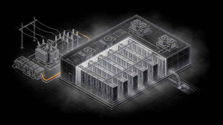 Isometric line art of a data center with its roof cut away to show rows of server racks, fed by a substation and a glowing power line, with rooftop cooling units and a fiber conduit below.
