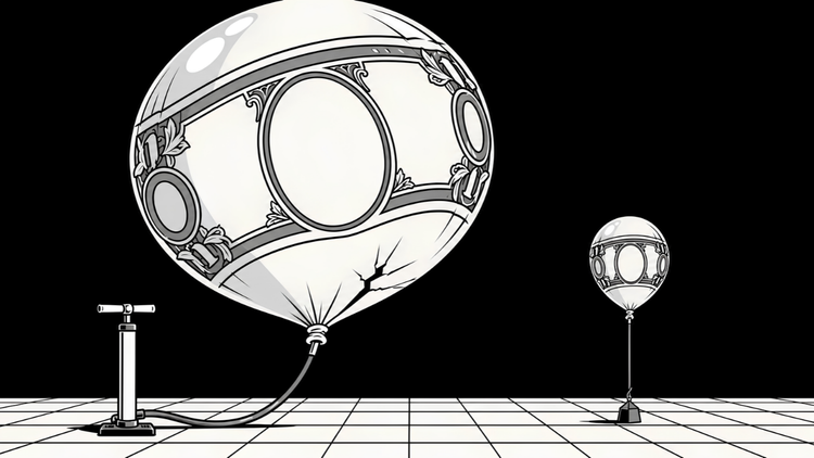 A bicycle pump inflates a giant balloon printed like a banknote until it starts to split, next to a small normal balloon, showing hyperinflation beside ordinary inflation.