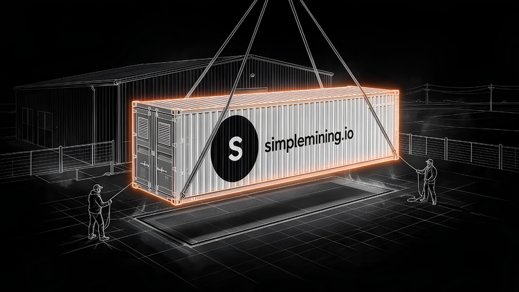 A crane lowers a Bitcoin mining container bearing the Simple Mining logo onto its pad as two workers guide it, shown as line art with an orange glow on the container.