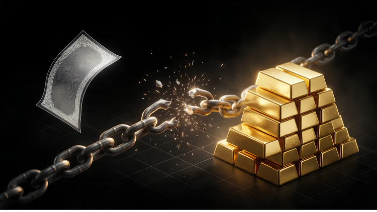 A chain snaps in a shower of sparks between a stack of gold bars and a paper banknote flying free, showing the end of the dollar’s link to gold in 1971.
