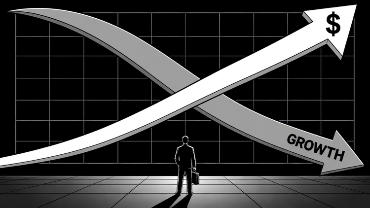 A businessman faces a giant chart where a white arrow with a dollar sign climbs and a gray arrow labeled Growth falls, crossing to show stagflation: rising prices, slowing growth.