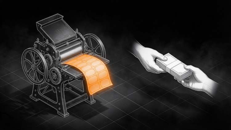A printing press pushing out a glowing orange sheet of new bills, beside two hands passing a stack of existing bills