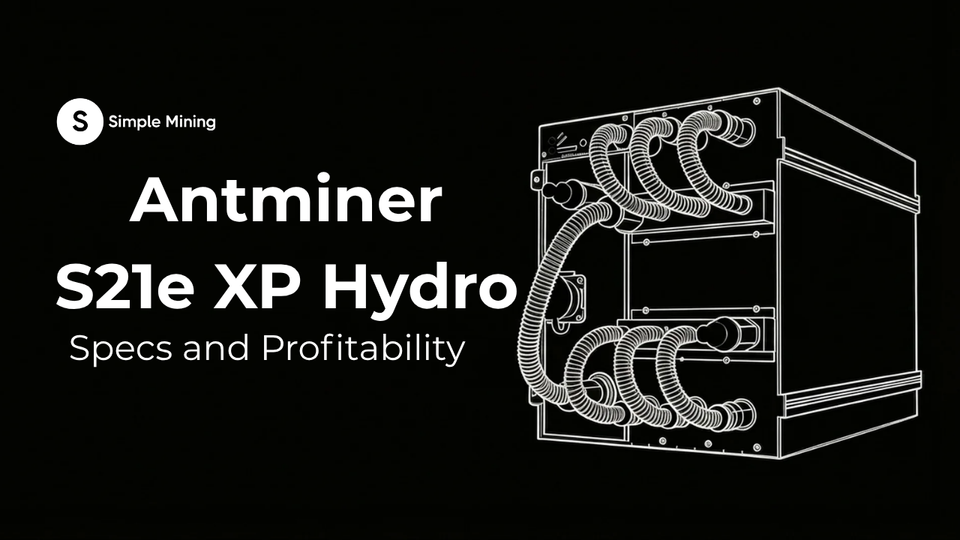Cover graphic on black background featuring the 'Simple Mining' logo, large text 'Antminer S21e XP Hydro Specs and Profitability', and a line render of the liquid-cooled miner.