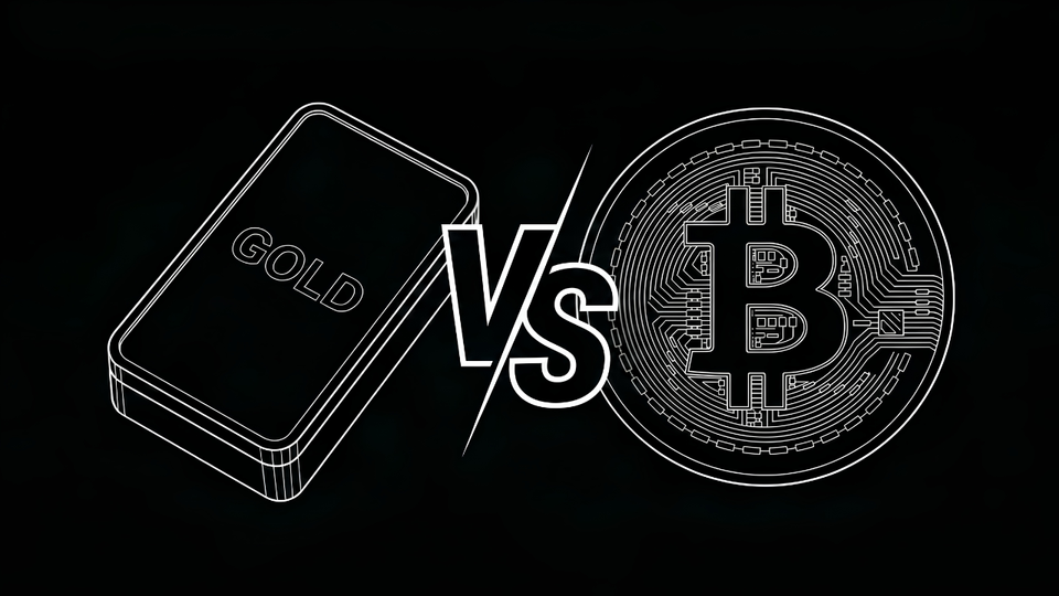 Black-and-white line-art illustration comparing gold and Bitcoin: a gold bar labeled "GOLD" on the left and a Bitcoin coin with circuit-board detail on the right, with "VS" between them.