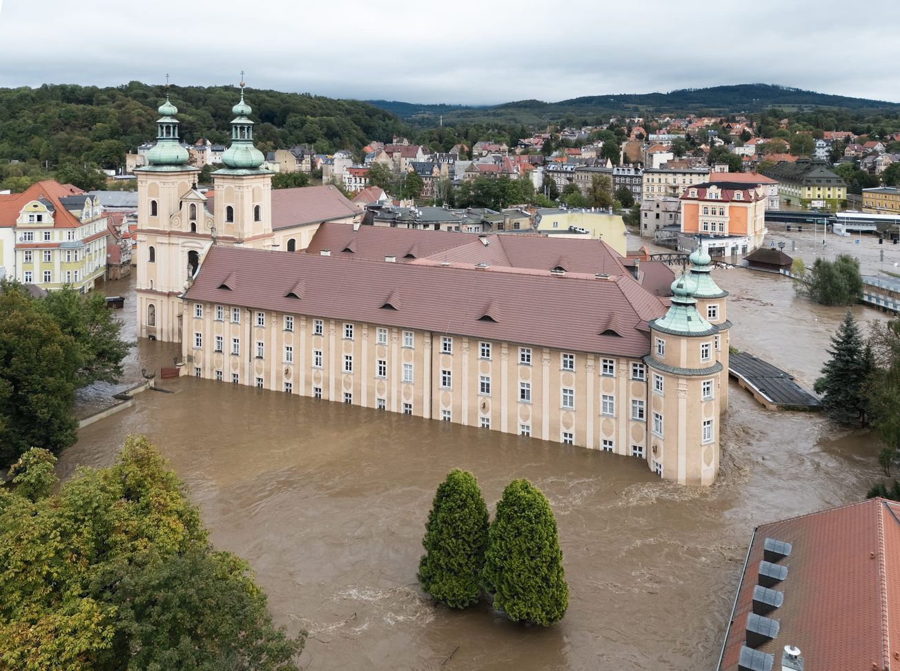 Franciscan Baroque monastery in Klodzko, Poland, is submerged in floodwaters.