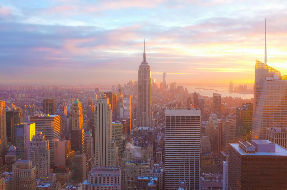 The New York City skyline at sunset