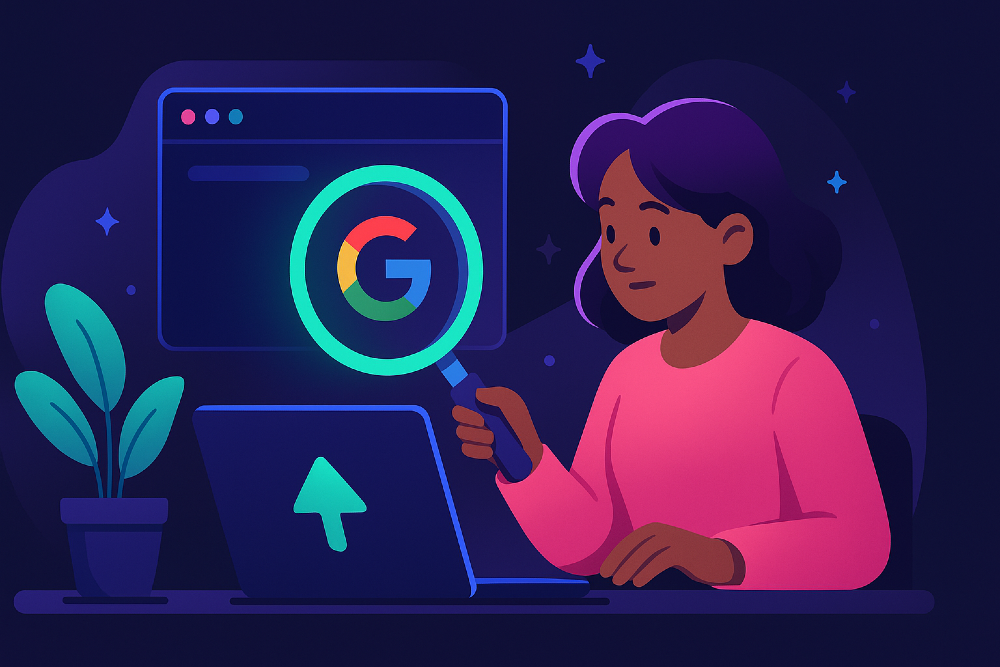 using a laptop with google search icon under magnifying glass