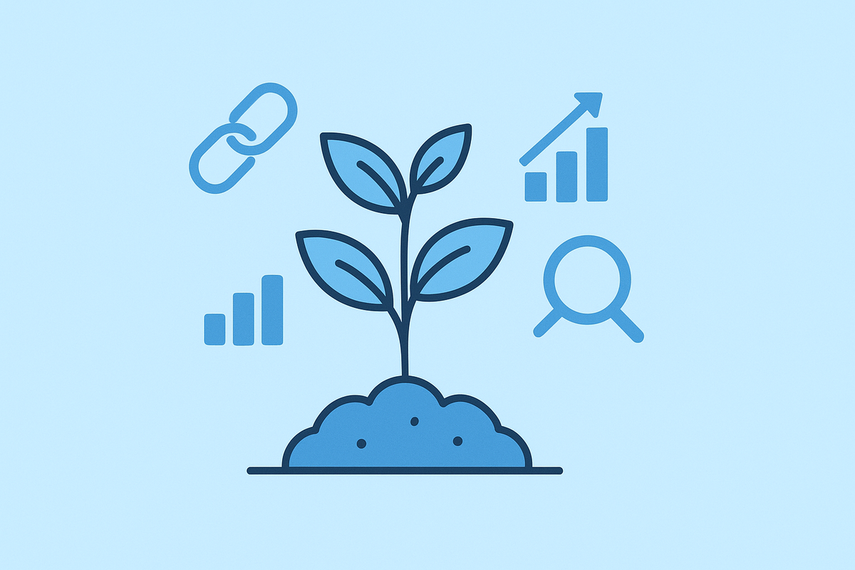 light blue background with a plant showing growth