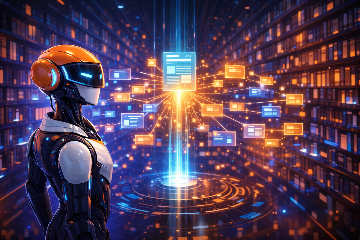 AI robot analysing a network of documents and data sources to rank search content