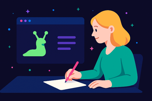woman writing with a slug on screen watching
