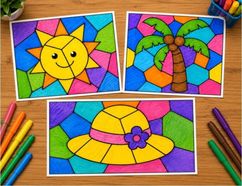 Easy Summer Mosaic Art Coloring Pages for Kids
