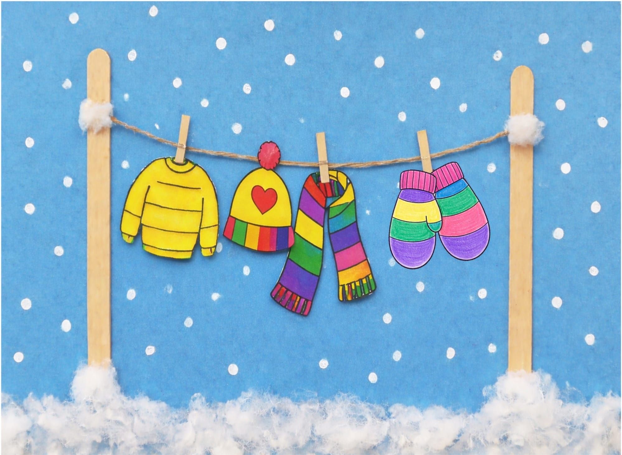 Winter Clothesline Craft for Kids with Cotton
