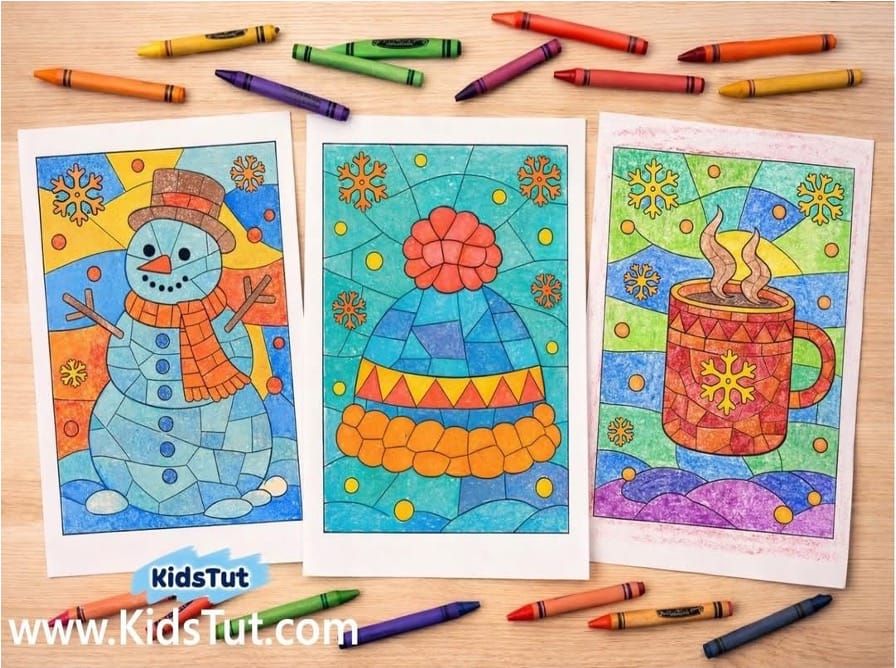 Winter Mosaic Coloring Pages for Kids to Print