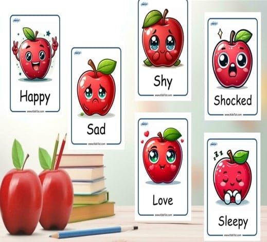 Apple-themed Emotions flashcards for kids