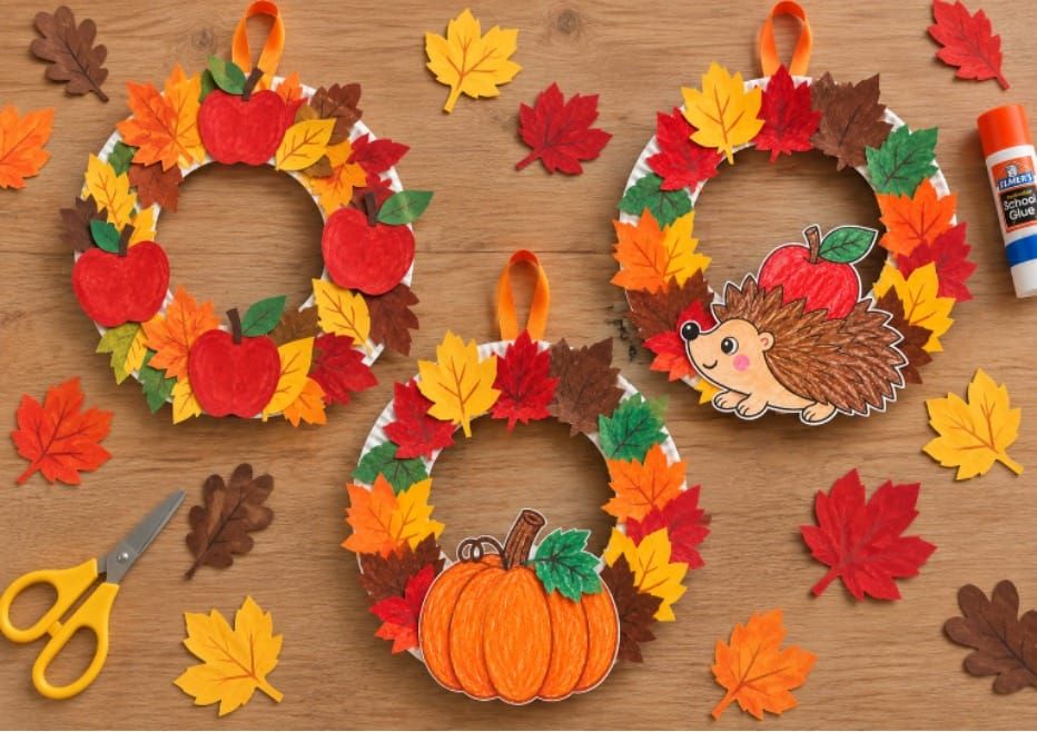Colorful Fall Leaf Wreath Crafts for Kids