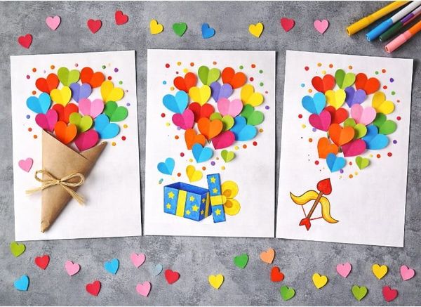 Free Valentine Burst of Hearts Cards for Kids