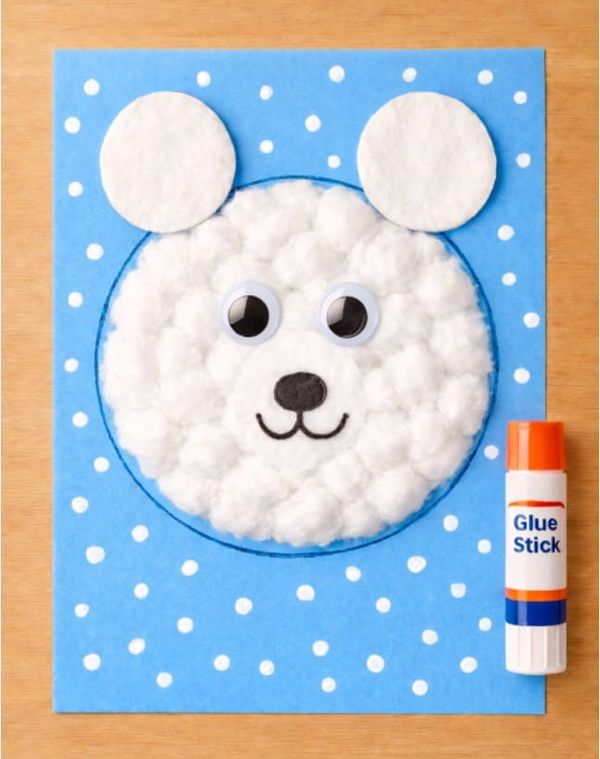 Polar Bear Cotton Ball Craft for Kids in Winter