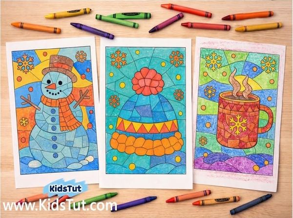 Winter Mosaic Coloring Pages for Kids to Print