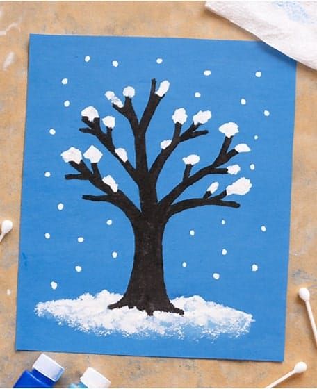 Easy Snowy Tree Art with White Paint Dots