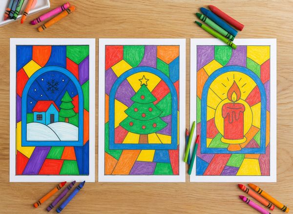 Vibrant Stained Glass Xmas Coloring Pages for Kids