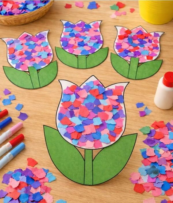 Easy Colorful Torn Paper Tulip Craft for Kids