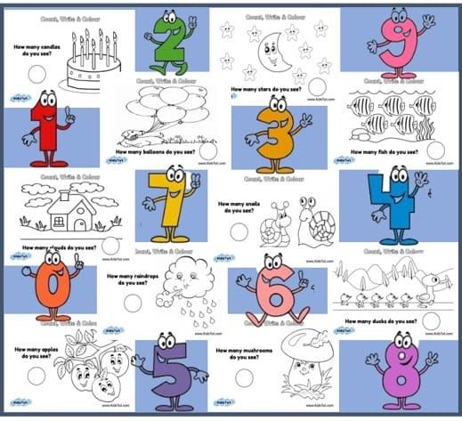 New Count, write and color worksheets for kids