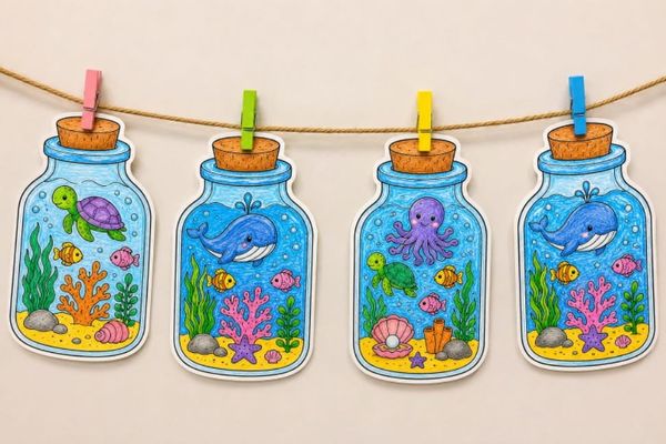 Easy Ocean Jar coloring pages for kids