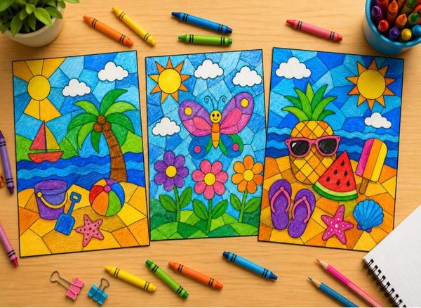 Easy Summer Mosaic Coloring Pages for Kids