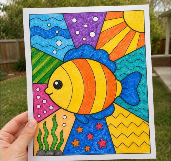 Colorful Sea Animals Mosaic Coloring Pages for Kids