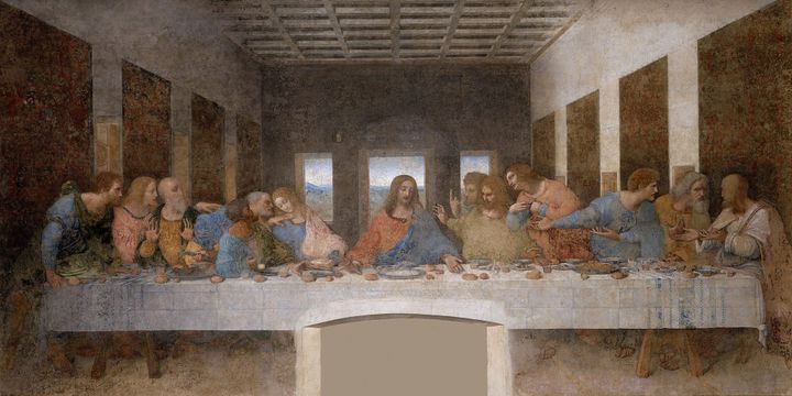 The Last Supper painting by Leonardo da Vinci - a group of men around a dinner table with Jesus at the center.