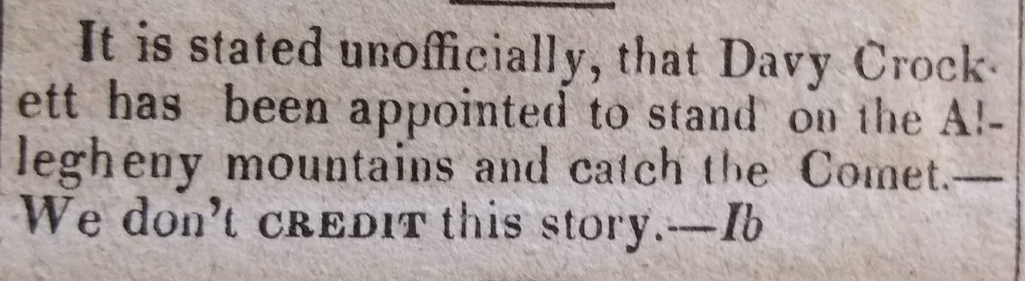 A tall tale about Davy Crockett from Anne Royall's newspaper, Paul Pry (1831).