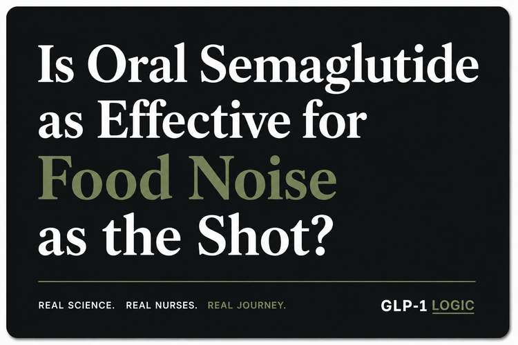 Dark elevated title graphic reading “Is Oral Semaglutide as Effective for Food Noise as the Shot?” from GLP-1 Logic.